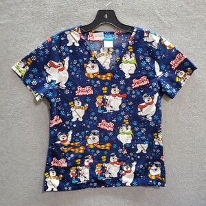 Frosty the Snowman Women Scrub Top XS Blue Snowflake Allover Print Winter V Neck